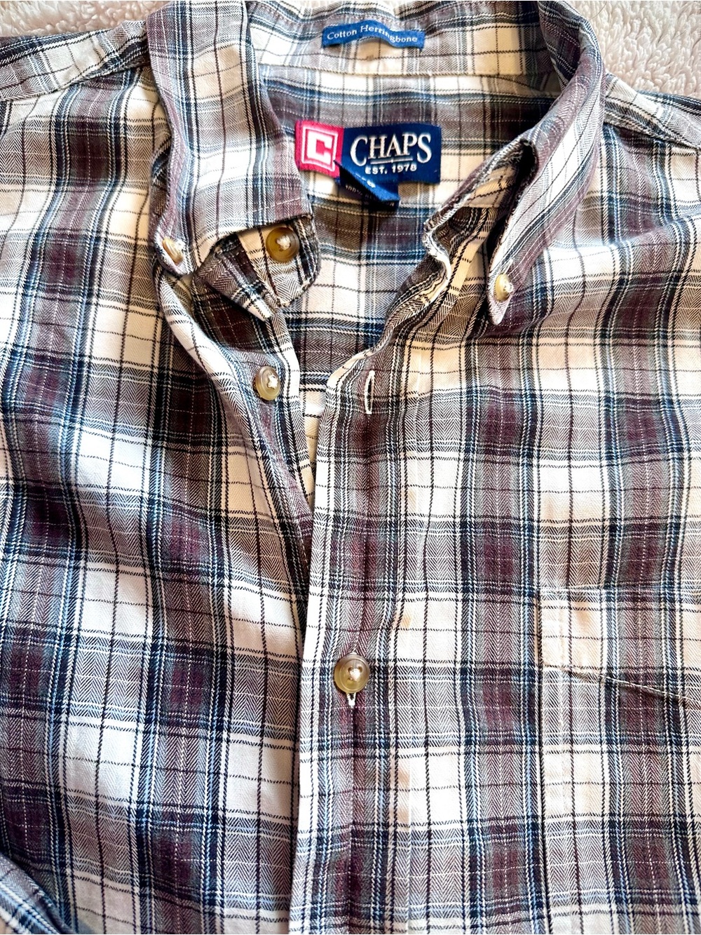 Chaps Men’s Cotton Herringbone Plaid Button-Down Shirt. Size Large. Perfect!